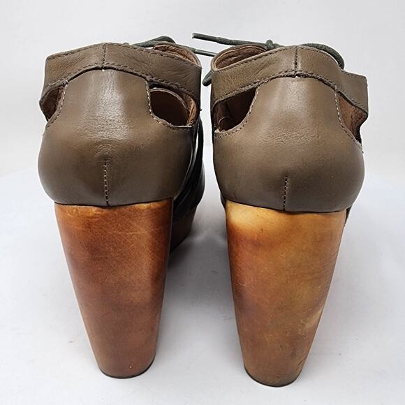 Fiel Bainbridge Wood Wedge Bootie Women 8.5 Taupe Leather Lace-up Cut-outs - Picture 7 of 12